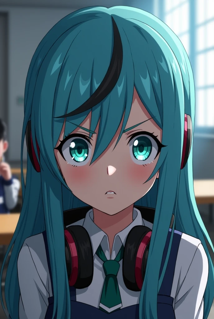 Screenshot of my hero academia. 
A girl with long, straight sky-blue hair that has a black streak with bangs, He has turquoise blue eyes and one of his eyes has a moon pupil. He has a serious expression., He is wearing the UA uniform and in the background he has a UA school class and he is listening to music on headphones