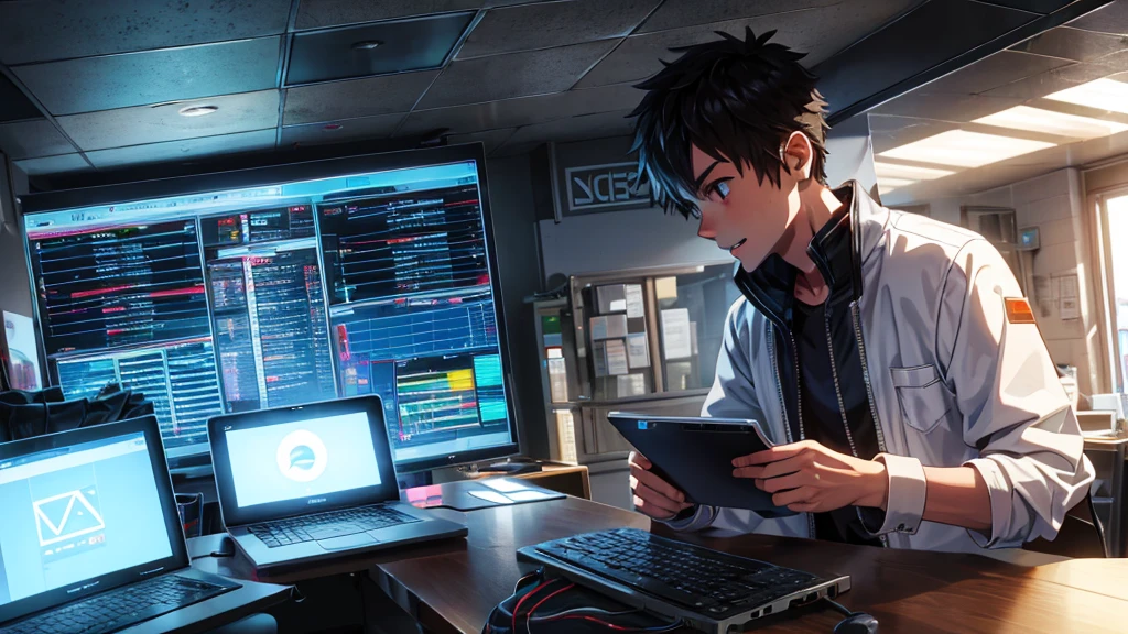 A hacker inserts a device into one of the main servers in a data center, triggering a massive data transfer. Lights flash frantically as he monitors the progress on his laptop.