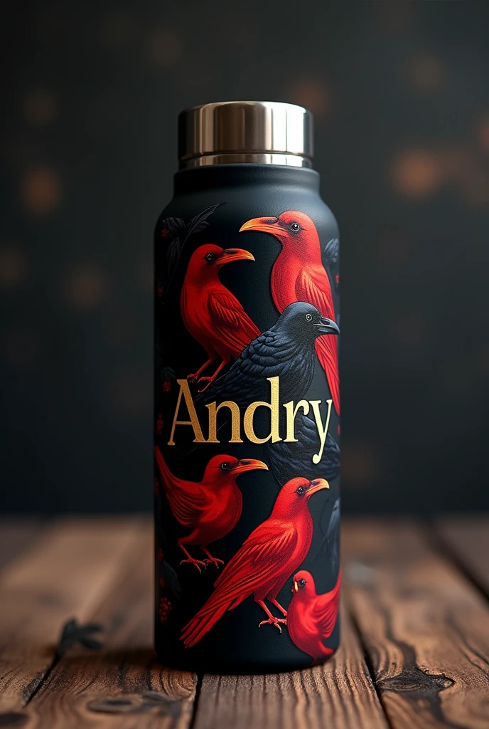 Create a personalized thermos with a black design and that has the name Andryezequiel and drawings of red and black crows. And the name that looks classic, that the name Andry can be seen among the crows, that the letters of the name Andryezequiel are golden, that the crows are larger.