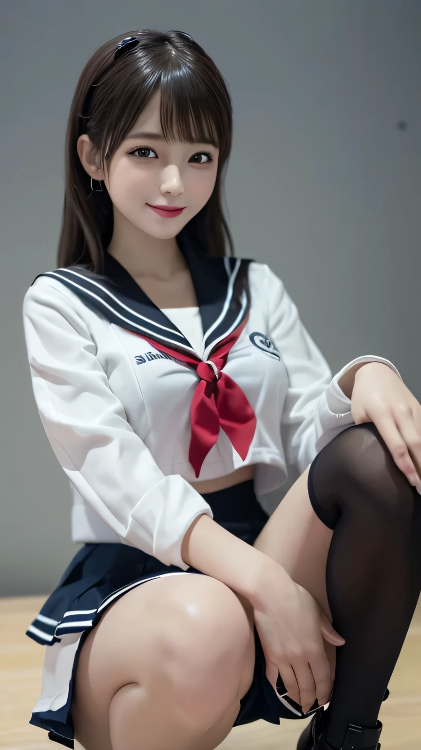 Tabletop, Highest quality, figure, Very detailed, In detail, High resolution, 8k wallpaper, Perfect dynamic composition, Beautiful attention to detail, (Sailor suit、mini skirt)、(Panty shot、Squatting and spreading legs 1.2),Medium Hair,  Natural color lip, Random sexy poses,smile,