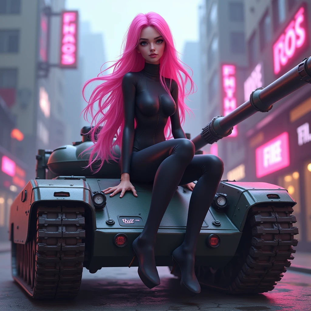 Creates the image of a woman with extraordinary beauty, She has long, bright pink, flowing hair, and is standing in front of a battle tank with tracked wheels and some pink details, has dark eyes and a slightly fleshy mouth. She is confident and is driving to war . She wears a long, tight-fitting black jumpsuit., the jumpsuit has a label with your name written “THAY” on the left chest. high resolution, ultra HD, 品質, high qualiy, High details, disney pixar model image. The tank has a neon sign that says “FMS”