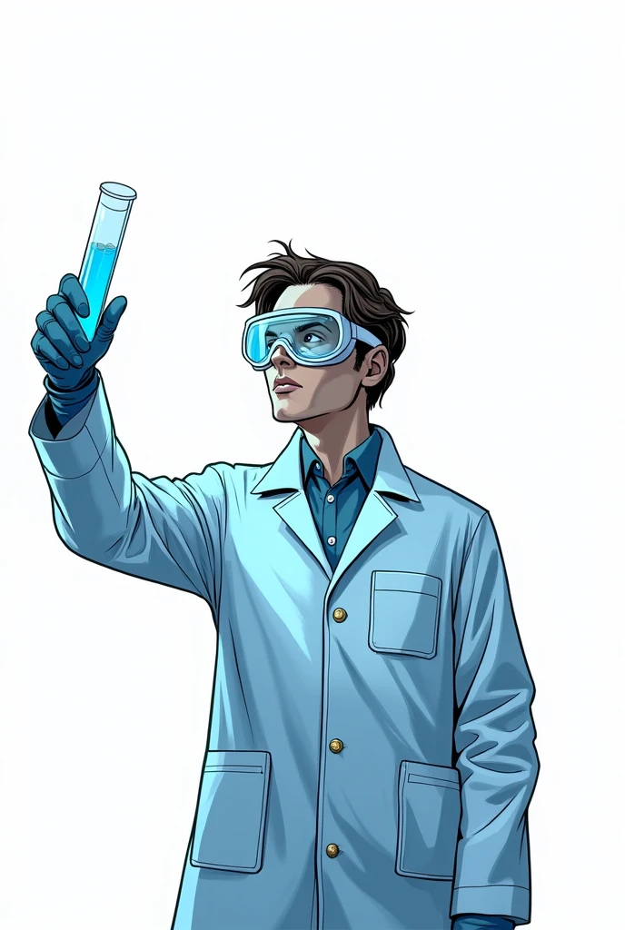create a comic book drawing with blue tones on a white background of a scientist holding a test tube