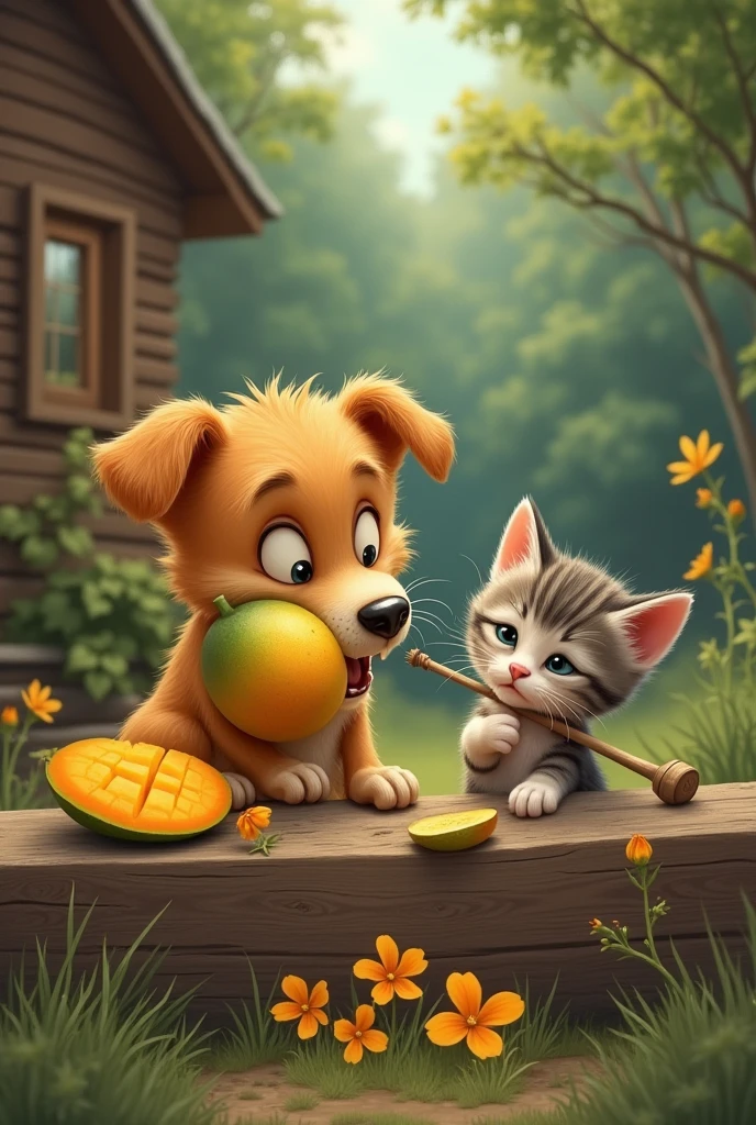 A dog sucking a mango, with a sad kitten hammering a nail into a board 