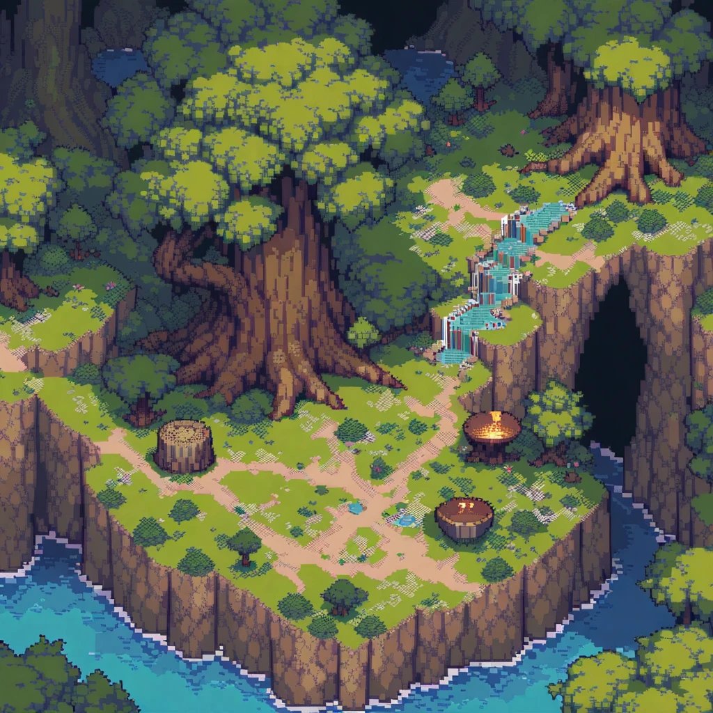 (masterpiece, Highest quality:1.2), Pixel art,land,,There is a mysterious cave in the forest,Like a map