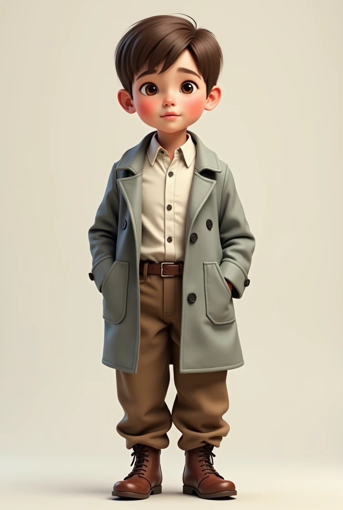 Real boy in brown drill pants, White shirt, light grey coat and brown shoes