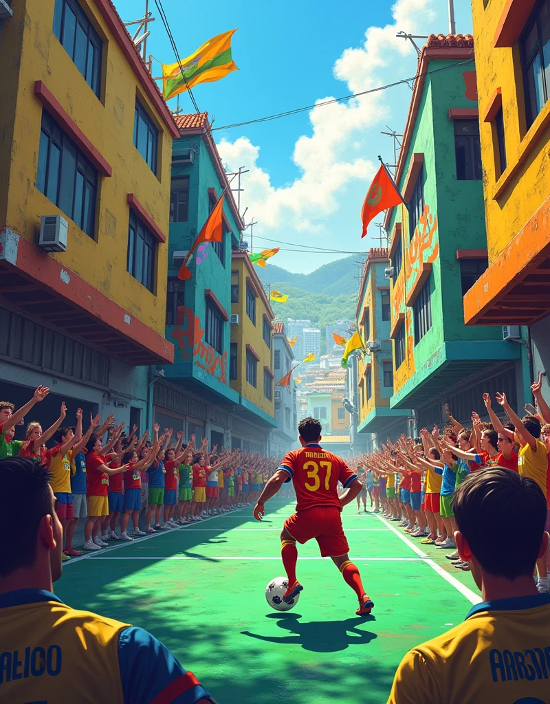 futsal court in the favela with player playing with fans around
