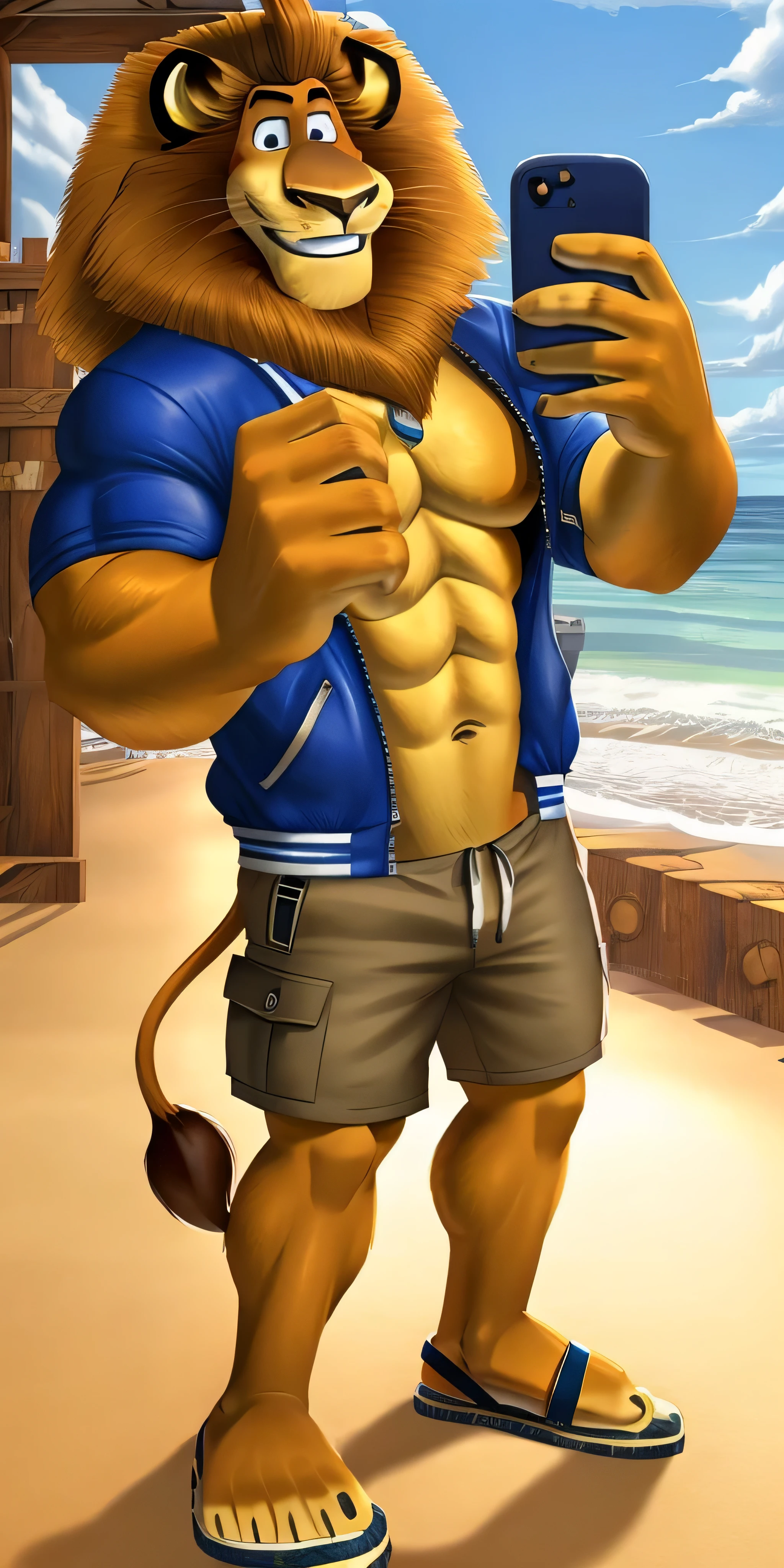 Alex the Lion, muscular body, big biceps, extremely beautiful and cute face, wears blue varsity jacket, cargo shorts, sandals, pier background, selfie, friendly look, cute smile