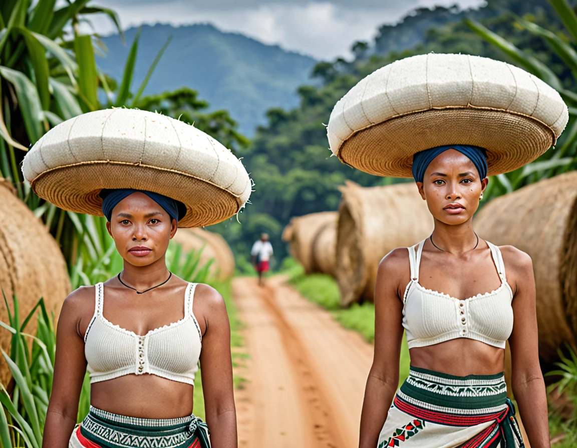 A detailed, photorealistic portrait of two beautiful Malagasy women wearing bra and lace panties, carrying large weights sacks of harvested rice on their heads, against a scenic natural backdrop, (best quality,8k,highres,masterpiece:1.2),ultra-detailed,(realistic,photorealistic,photo-realistic:1.37),extremely detailed facial features,beautiful eyes,sharp focus,vivid colors,natural lighting,tropical landscape,detailed cultural attire,intricate textures