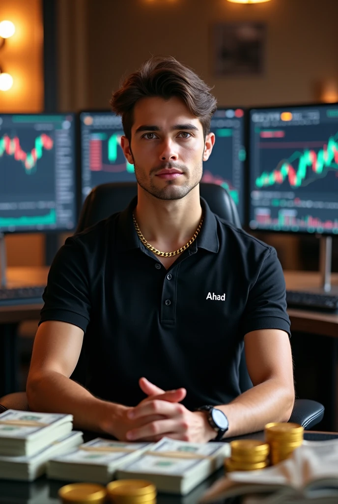 A sleek, well-lit room filled with an ambiance of professional sophistication. The lighting is soft and focused, casting a warm glow across the room.
In the center, a 20-year-old young man sits comfortably on a high-end chair. He’s dressed in a stylish black polo shirt with the name “AHAD” embroidered on the chest. He exudes confidence and composure.
Behind him, several high-resolution monitors display complex trading charts and graphs, their screens flickering with real-time data.
In front of him, a glass-topped table is cluttered with stacks of dollar bills and shiny gold coins, signifying wealth and success. Around his neck, he wears a distinctive Bitcoin chain, reflecting his involvement in cryptocurrency.
The scene conveys a sense of modern success and expertise, blending luxury with high-tech finance.
Feel free to adjust any details to better fit your vision!