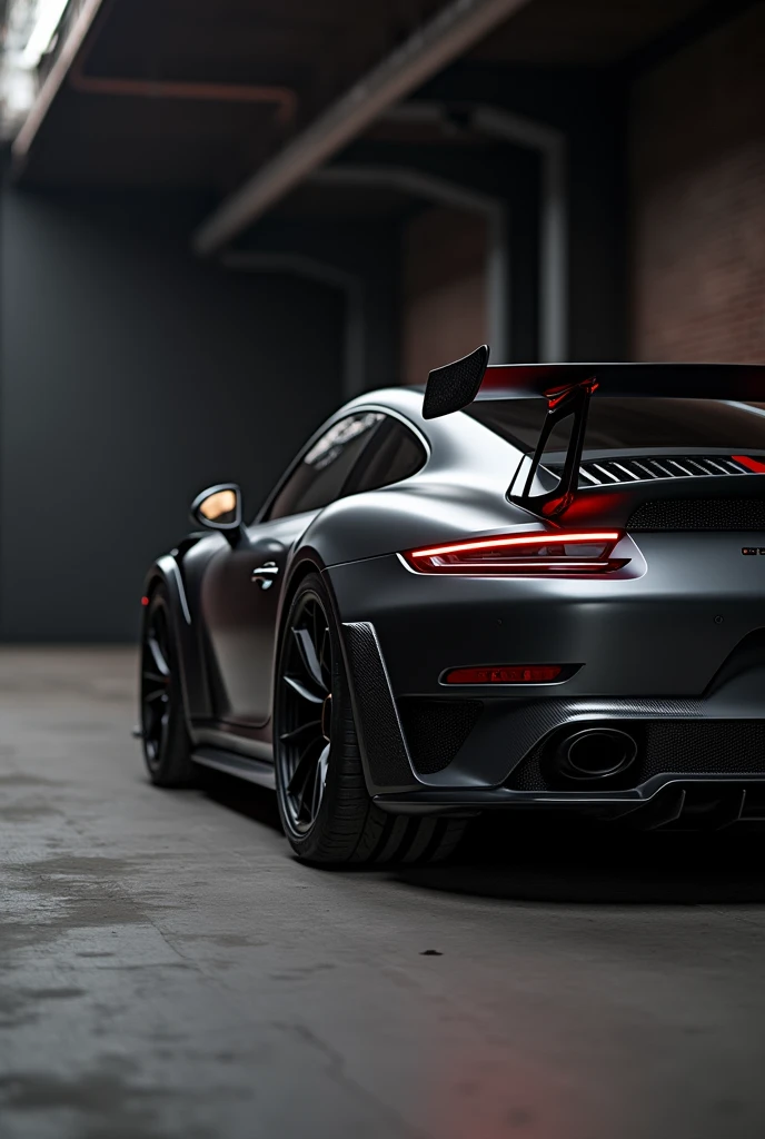Porsche 911 GT3 car, matte black color, carbon, inside an industrial style loft, black walls, New york, cinema lights, realism, great detail, focus on the car, bokeh fondo, full car side frame,