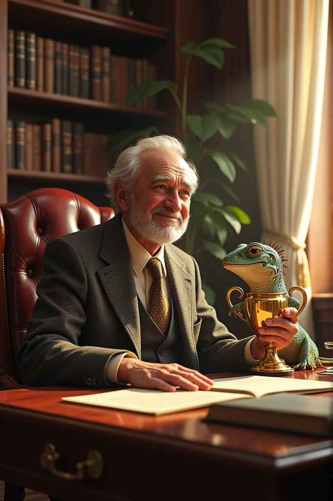 A Greek professor with a personified lizard and a trophy