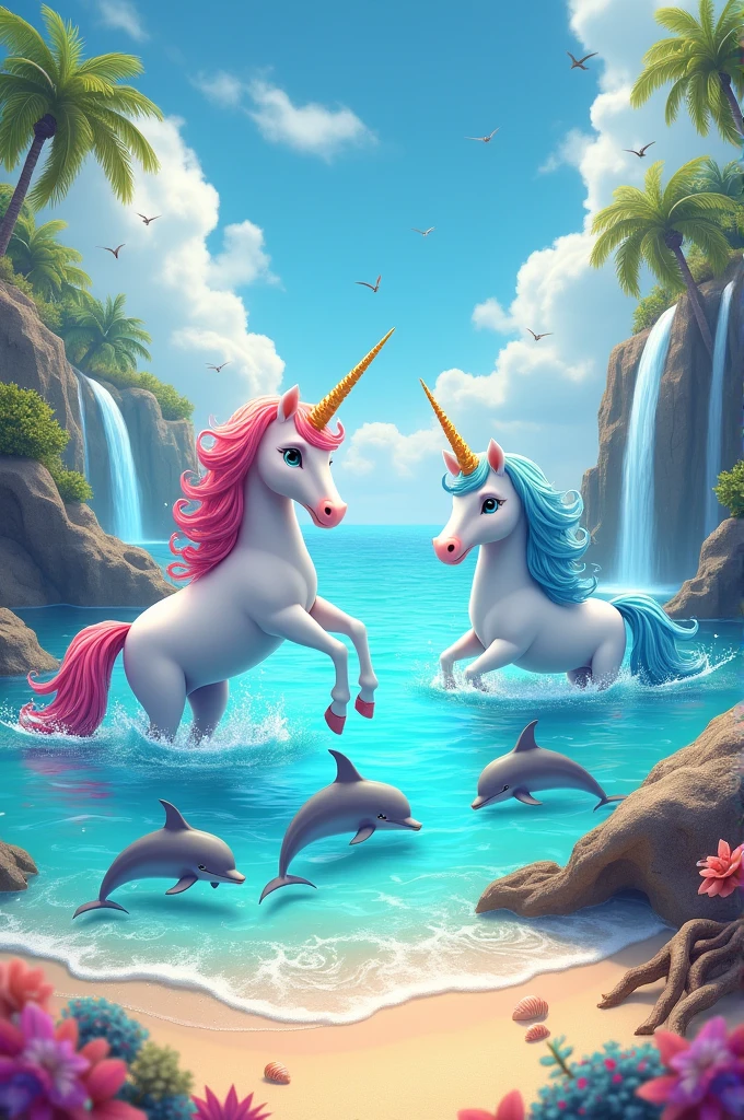 Create unicorns with dolphins in a rainbow lagoon on a beach

