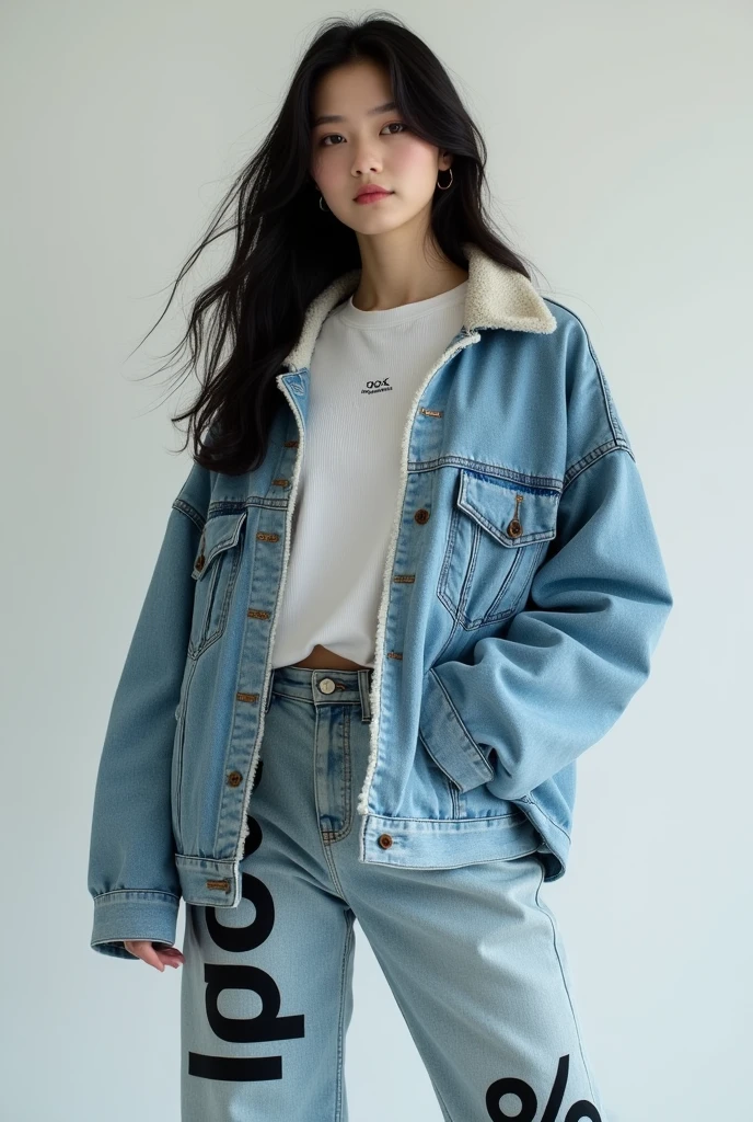 A Korean woman with long black hair, posing standing, slightly inclined, she wears a white Calvin Klein top, há uma jaqueta jeans oversized, she wears baggy jeans, with a print on the upper leg that says "Percent" in large, stylized letters