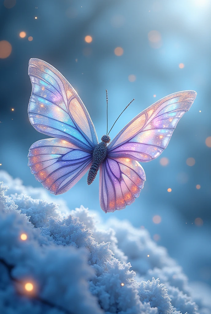 Transpatent butterfly with colourfull large wings, icy area, snowflakes , fogg, and, smoke