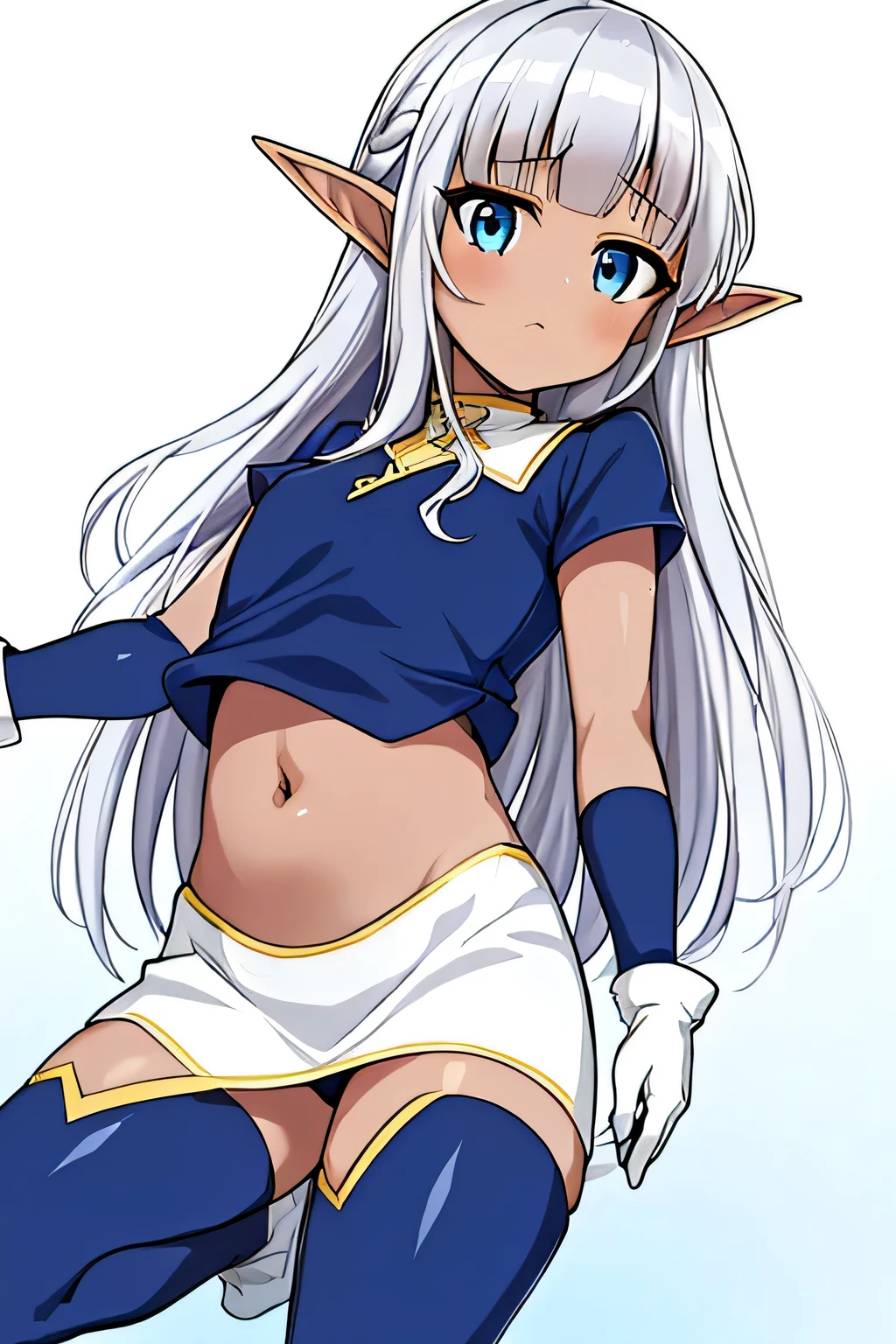 1girl, carlamyhealer, bangs, blue eyes, dark-skinned female, dark elf, gloves, long silver hair, blue outfit