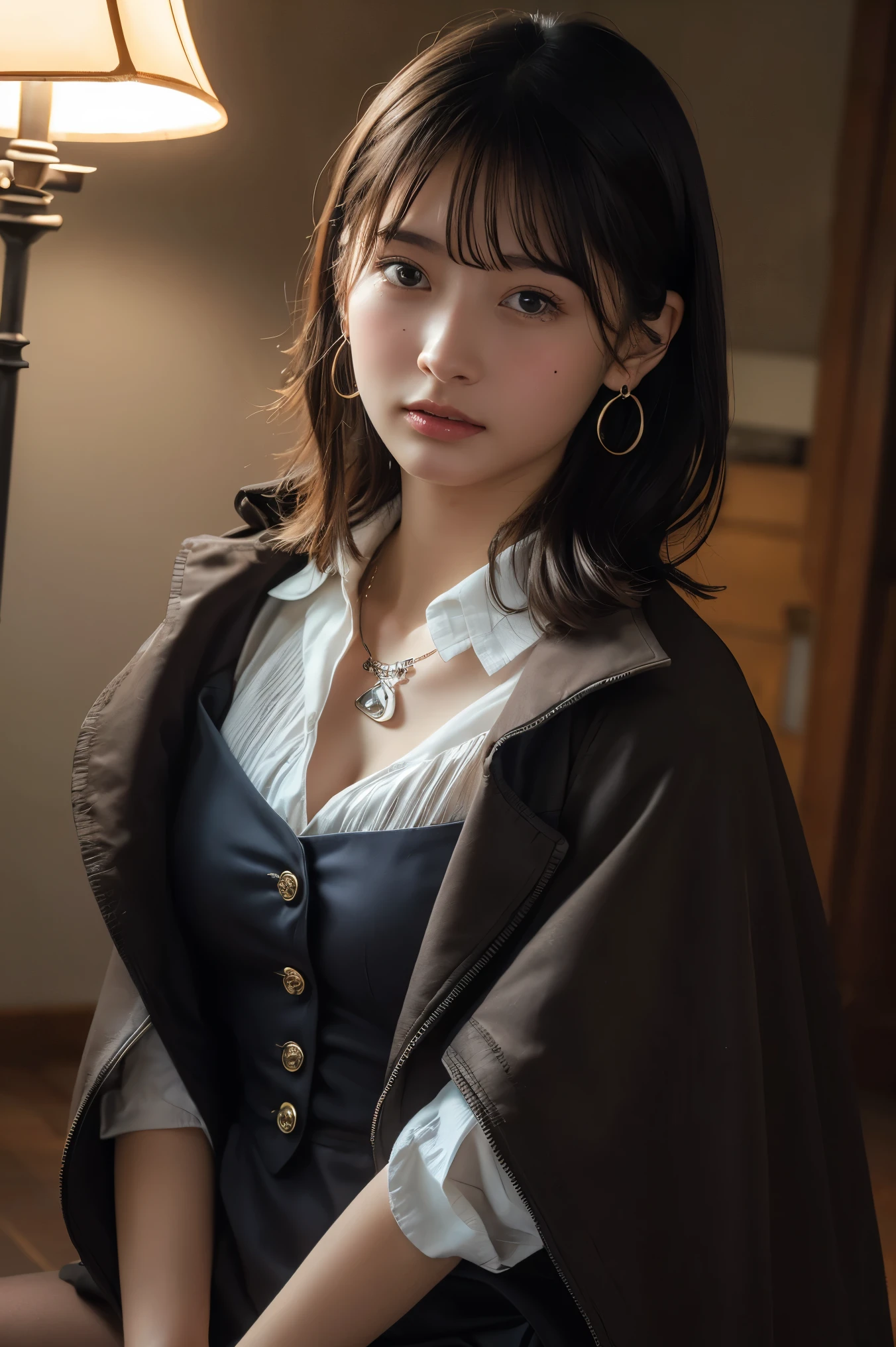 (Highest quality:1.4),(masterpiece:1.4),(Realistic:1.4),(Realistic:1.2),(超High resolution, RAW Photos:1.4),(High resolution, Very detailed:1.2),(8k:1.2),View your audience,Cinematography,One person,skeletally correct,Black-haired woman,Woman in her early 20s,(Small earrings,necklace,Brown cape collar dress),(Inside the Western-style building,Dimly lit room,The lamplight shines on my cheeks,Kneel)
