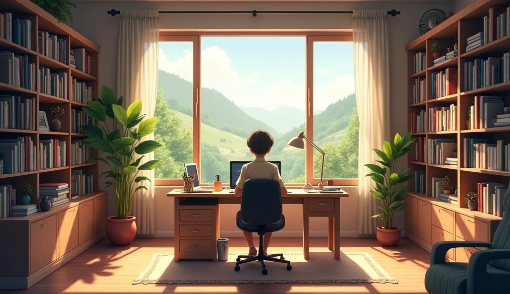 Create a high-quality anime-style scene of a cozy home office or study space with a person working at a desk. The scene should include warm lighting, books, a laptop, and a window showing a calm outdoor scene. Focus on creating a peaceful and productive atmosphere