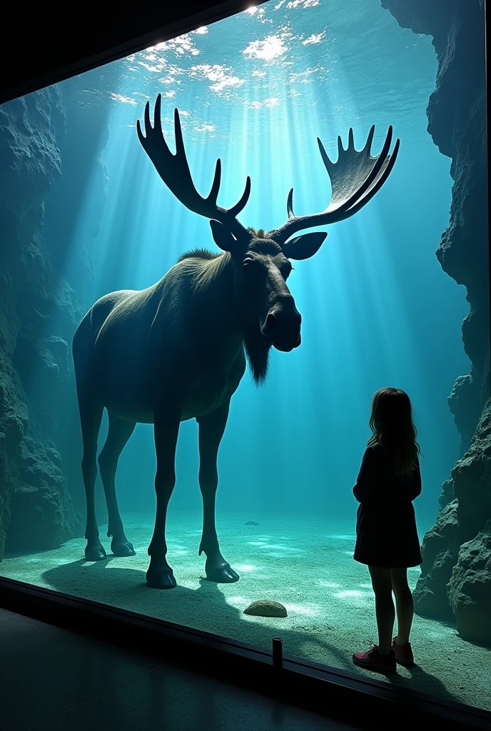 British art、Museum、Museum、exhibition、exhibition、Inorganic、Contemporary art、Satire、Silhouette of a giant Alaskan moose、mural、Street art、shadow、Saturation、Saturator、(masterpiece:1.2)、of the highest quality、epic scale、realist、realist、huge case、aquarium、Art displayed inside a waterless aquarium、detailed decoration、(It operates with a score of 0 on the Seaart rating system)、Fragmented theme、trick art、Weight、space、space的、Gravity、Attainable work of art、Using things that exist in our daily lives as a motif、collage、Photo montage、sf,4k, Details, masterpiece