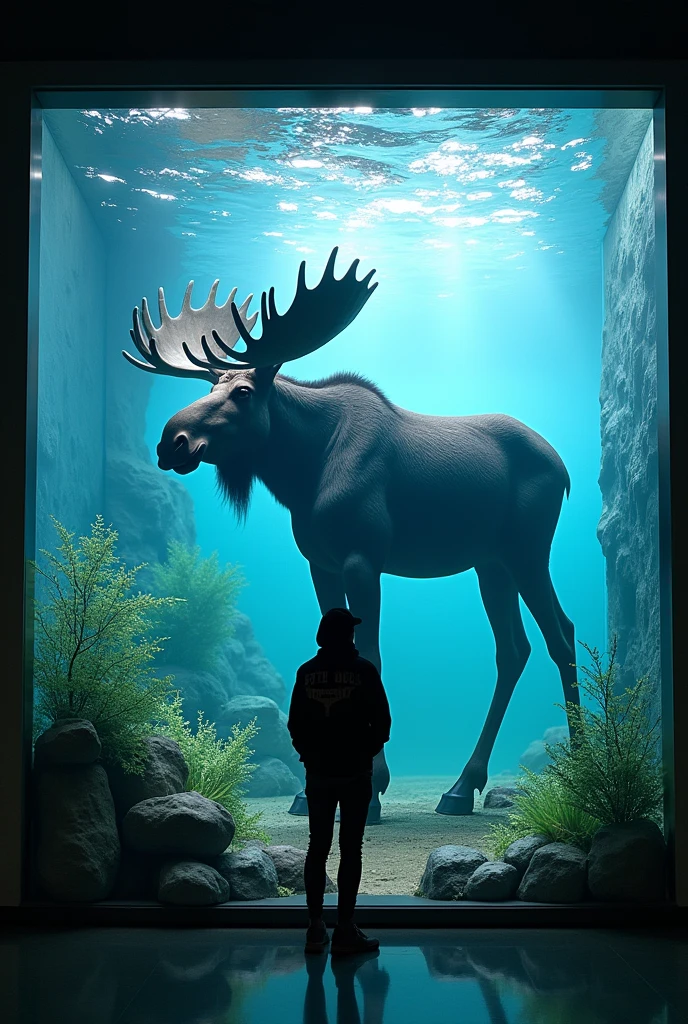 British art、Museum、Museum、exhibition、exhibition、Inorganic、Contemporary art、Satire、Silhouette of a giant Alaskan moose、mural、Street art、shadow、Saturation、Saturator、(masterpiece:1.2)、of the highest quality、epic scale、realist、realist、huge case、aquarium、Art displayed inside a waterless aquarium、detailed decoration、(It operates with a score of 0 on the Seaart rating system)、Fragmented theme、trick art、Weight、space、space的、Gravity、Attainable work of art、Using things that exist in our daily lives as a motif、collage、Photo montage、sf,4k, Details, masterpiece