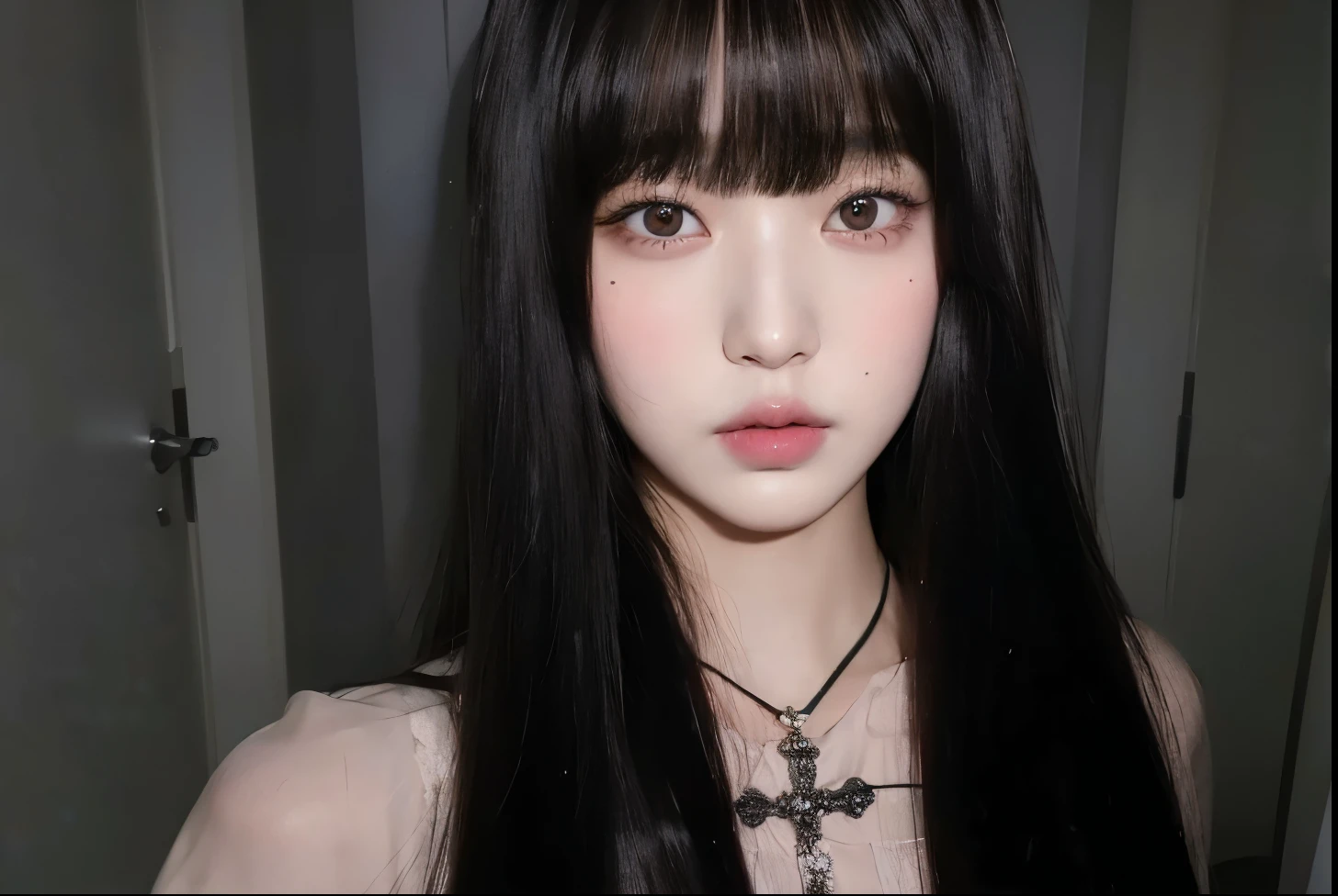A close-up of a woman with long brown hair, Wonyoung de IVE, Portrait of Wonyoung from IVE, Wonyoung de IVE, Wonyoung de IVE, South Korean popular makeup, Wonyoung de IVE, Retrato Wonyoung IVE, Pastel pink skin tone, Wonyoung de IVE, popular korean makeup