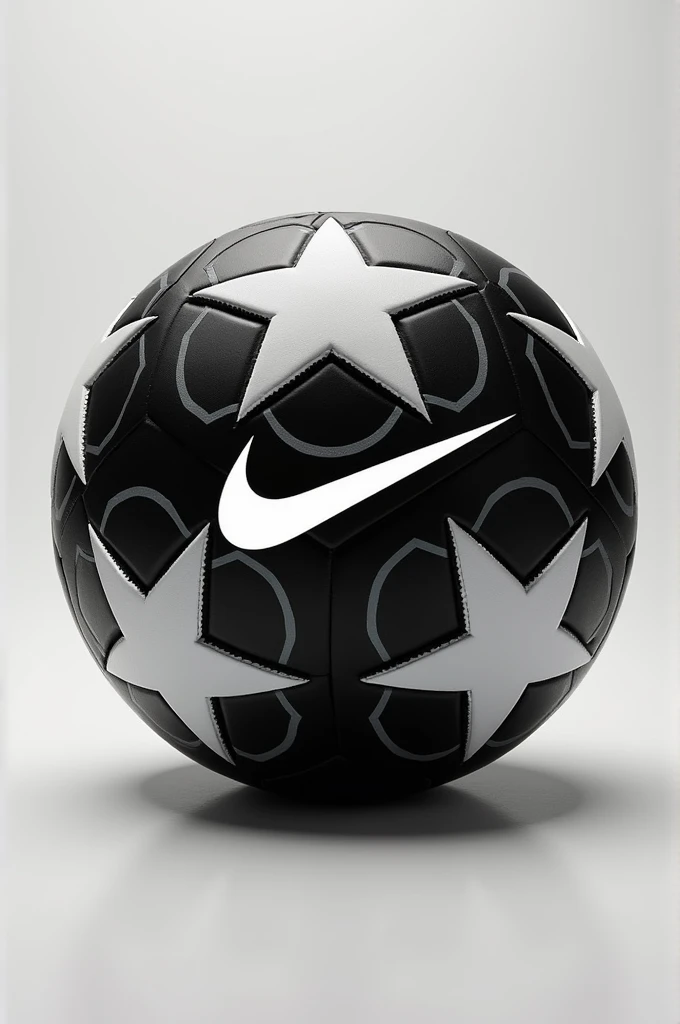 A solid black soccer ball with white stars and gray circular details around the stars with a white Nike symbol