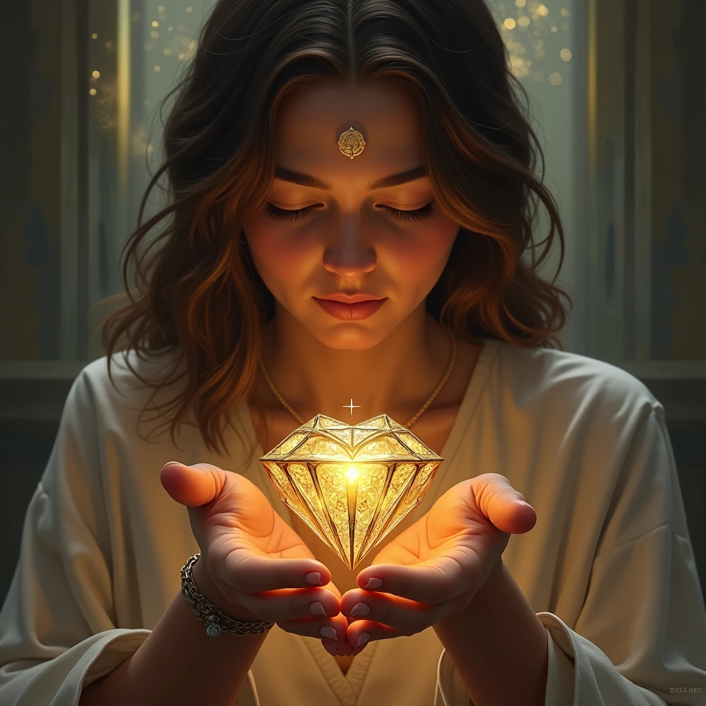 A person holding a precious, ornate jewel. The jewel represents the gift of salvation, bestowed upon them by God. The person's expression is one of awe and gratitude as they contemplate the value of their gift