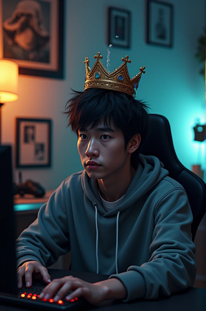 A gamer sitting on his gaming chair with a broken crown