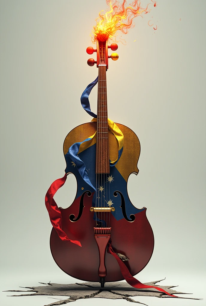 Create an image of the instrument four with a crack that runs through a large part of its structure and where the strings graduate a flame of fire appears along with a ribbon of the Venezuelan flag surrounding it.