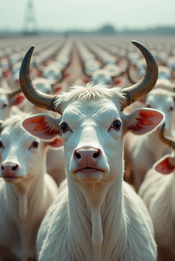 A large crowd of albino with big eyes and very sweaty bodies, perfect faces, they carry the number zero on their foreheads like cattle, people looking up at the sky with hopeful expressions, symbolizing their new understanding, 4k, details, photographic quality, hyperrealism, knolling effect