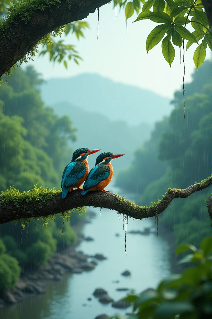 A river of bangladesh, couple bird in a tree, rainy day beautiful landscape