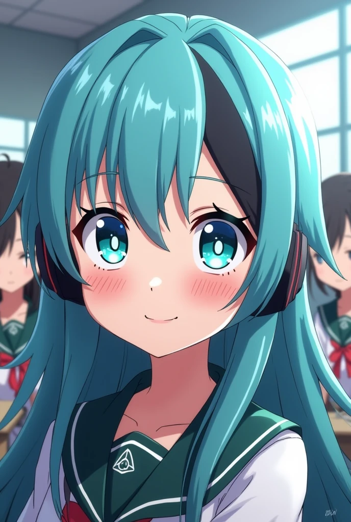 Screenshot of my hero academia.
A girl with long, straight sky-blue hair, He has a black lock of hair with bangs, He has turquoise blue eyes and one of his eyes has a moon pupil. He has a calm and happy expression., He is wearing the UA uniform and in the background he has a UA school class and he is listening to music on headphones