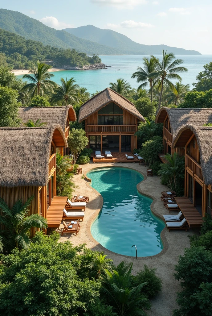 make an big 2-building hotel, environment-friendly with a philippine-native bamboo vibe. one is for standard and have 6 rooms. and the other is for deluxe and have 4 rooms. each rooms in the building consists own separated balcony with a table each intended for in-room dining experience to appreciate the nature around. make it typhoon-proof, the roof is like hut but have a modern aesthetic design. also make a function-hall in the side of the two building, with a small kiosk for a mini bar and handcrafted souvenir. it should be sorrounded by yard and plants, make a pool. it should give justice to our concept semi-eco-friendly hotel. siargao vibe.
take note: 2 buildings only.
make the photo wide landscape that it can be visualize located in an island. if you know Biri, Northern Samar ot should be located in it. so the buildings should face the beach.
