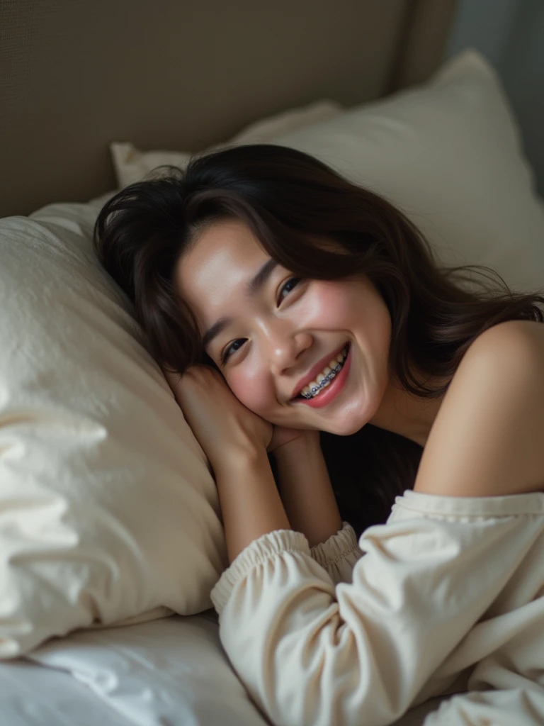 Woman with braces lying down in bed.