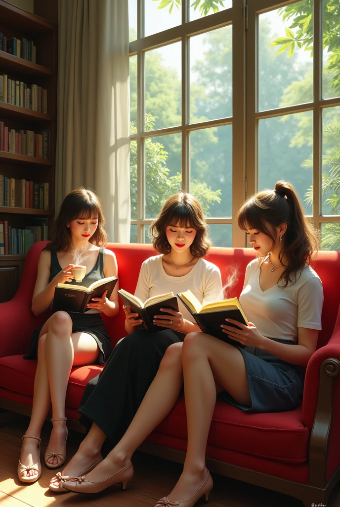 A 3 woman with red lipstick and casual clothes in an aesthetic library reading a book with a window overlooking the garden and drinking coffee sitting in a red armchair 