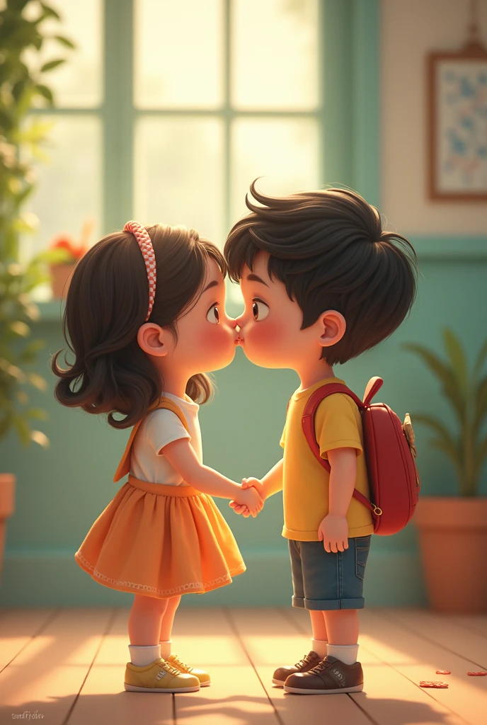 Cute girl and boy kiss seen children with lips