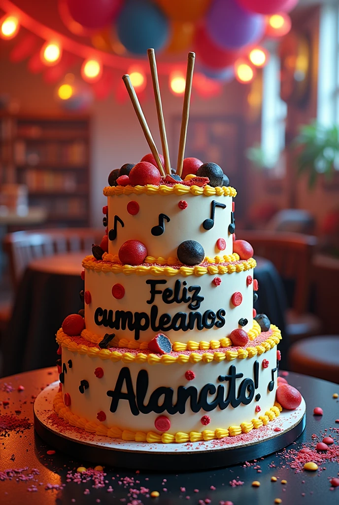 Create an image of a large birthday-themed cake for a drummer,that says in Spanish : Happy birthday Alancito