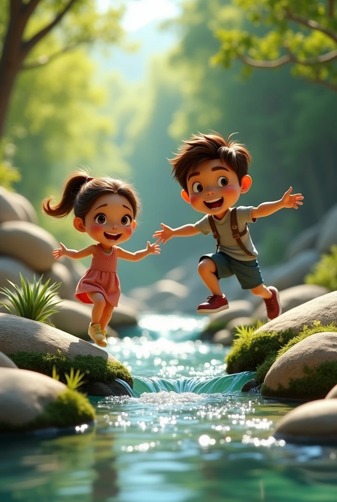 Crossing the Riachuelo: Lila and Max are jumping from rock to rock over a clear, sparkling stream. Max is in the air, showing his agility, while Lila clings to a rock, smiling.

