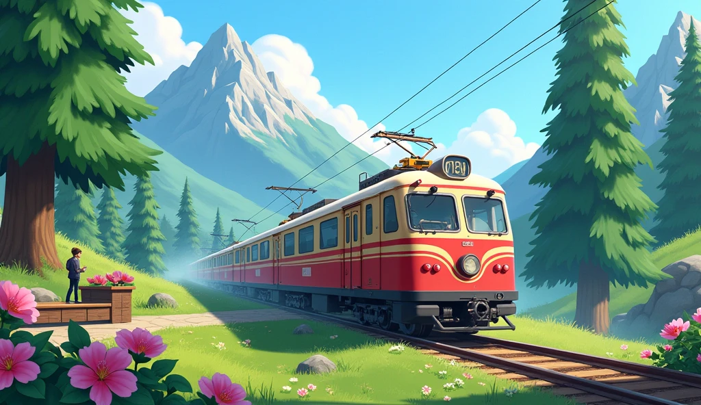 The image is a digital illustration of a train on a railway track in a mountainous area. The train is red and beige in color and is moving towards the right side of the image. On the left side, there is a small wooden platform with a person standing on it. The platform is surrounded by lush greenery and pink flowers. In the background, there are tall trees and mountains covered in greenery. The sky is blue and there are a few clouds in the sky. The overall mood of the illustration is peaceful and serene.