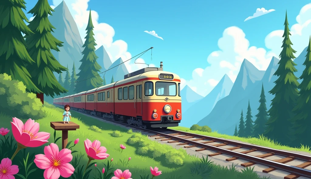 The image is a digital illustration of a train on a railway track in a mountainous area. The train is red and beige in color and is moving towards the right side of the image. On the left side, there is a small wooden platform with a person standing on it. The platform is surrounded by lush greenery and pink flowers. In the background, there are tall trees and mountains covered in greenery. The sky is blue and there are a few clouds in the sky. The overall mood of the illustration is peaceful and serene.