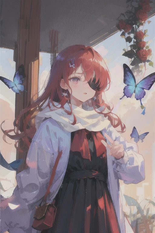 Cold girl, wearing vintage dress, butterfly wing, very long red hair, purple eyes, wearing rose eye patch