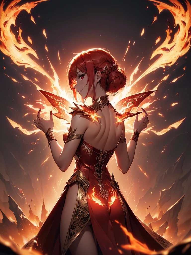 (((best quality, sharp image, clear image, cinematic lighting, 8k resolution, masterpiece, ultra detailed, intricate))) Girl, sorcerer, cute, intricate dress, smiling, fiery red, ((intricate background)), (rune frame), dimension, ((shot from behind)), fire sigils, chaotic background, ((half-body shot))