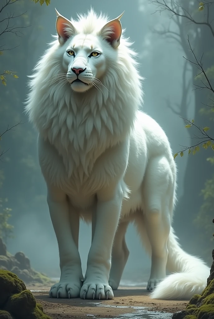 A big white cat, with the body of a Lion, height of a horse, a nice tail sticking up, pointed ears and small horns