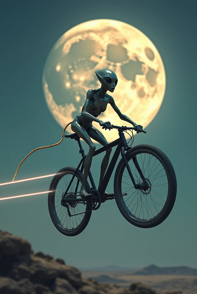 ET riding a bike, and flying in the air, with the full moon in the background 