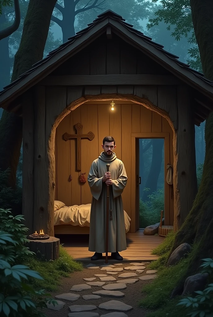 A short white man with short hair, black military style cut and shaved. He is wearing a light brown monastic habit and holding a staff in his hands.. Rustic hermitage in the middle of the woods. He is young and has a goatee. He is inside the hermitage and his bed with a biblical rosary and a cross on the wall. it&#39;s night. Illuminated scene 