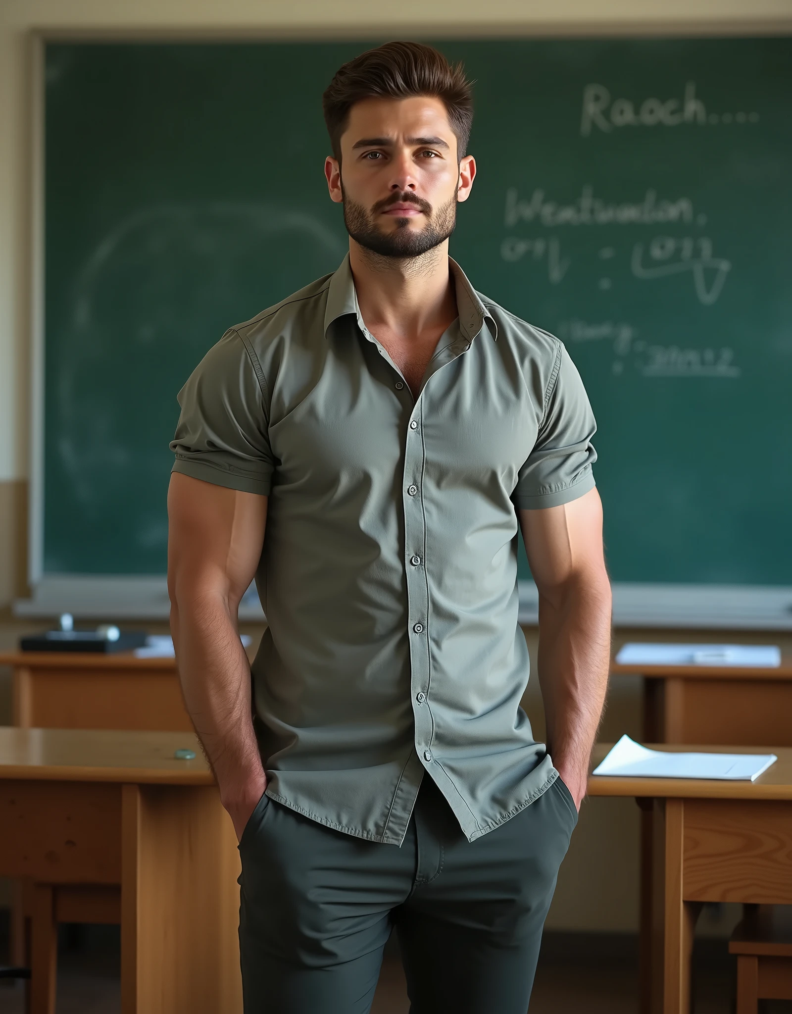 (1boy, photorealistic:1.4, masterpiece:1.2, ultra detailed, best quality, 4k), a handsome and muscular teacher writing on the chalkboard wearing a tight button up and tight pants, perfect butt, large bulge in crotch, male, slim athletic body build, backdrop is a classroom, full body in image, with unparalleled attention to detail this photorealistic portrait combines the style of National Geographic, Capture every detail of his textured skin in 8k resolution, Leica digital SLR camera, his features are clearly visible from the deep-set eyes to the chiseled jawline, make this image a true masterpiece, Lift, (8K UHD, RAW Photograph, Photorealistic Portrait Leica Digital SLR, Lifelike images)