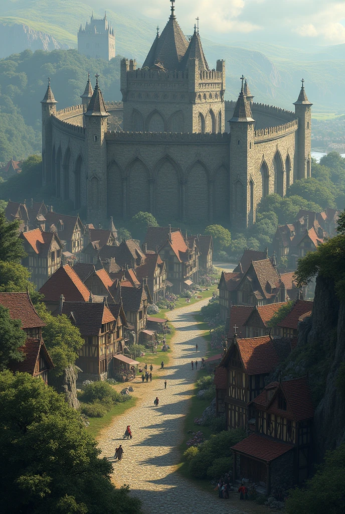 Large Medieval fantasy town with a wall around the town and magical wards on the walls