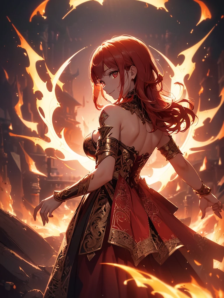 (((best quality, sharp image, clear image, cinematic lighting, 8k resolution, masterpiece, ultra detailed, intricate))) Girl, sorcerer, cute, intricate dress, smiling, fiery red, ((intricate background)), (rune frame), dimension, ((shot from behind)), fire sigils, chaotic background, ((half-body shot))