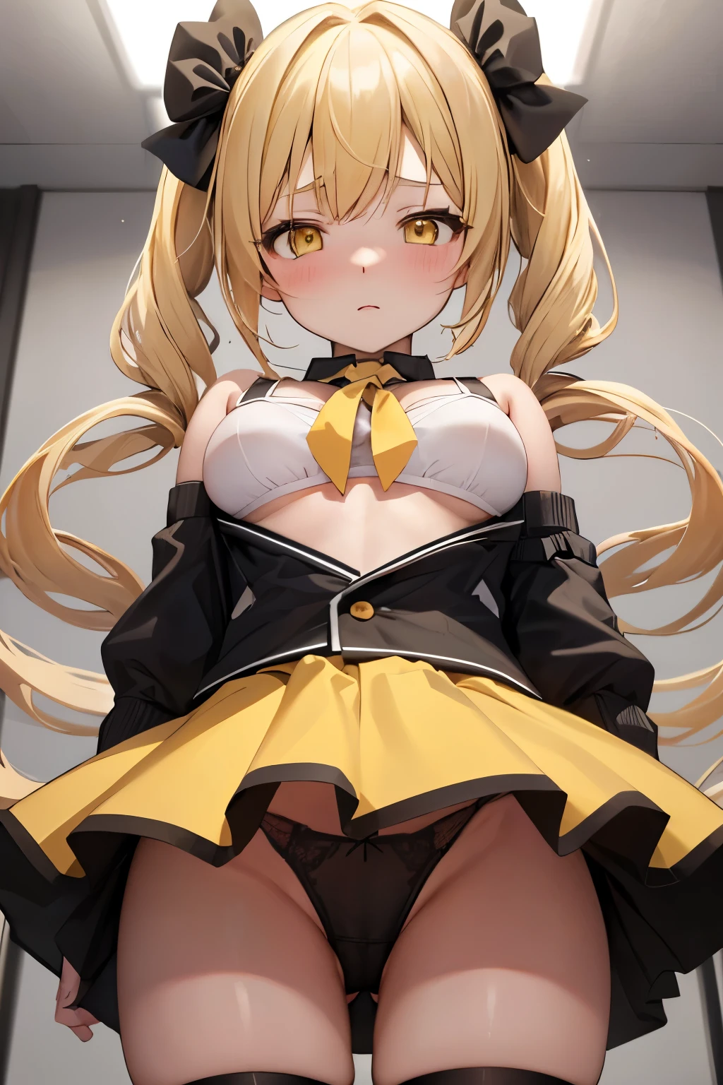 (Highest quality:1.2), alone, One woman, Tomomi, blonde hair, drill hair, twin drills, (yellow eyes:1.3)、(blush:1.1), Embarrassing, View your viewers, ((Black Bra))、((Black Panties))、((mini skirt))、((Thigh-high socks))、((Photo from below))、