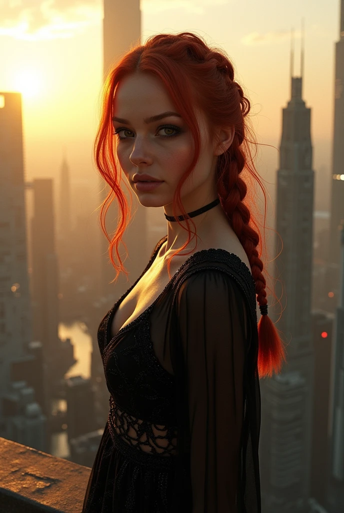 Huge sprawling city bladerunner 2049 style,fisheye effect,Hailee steinfeld,Extreme Closeup,young woman,white invisible background,young Caucasian woman standing on rooftop below towering futuristic lattice buildings,Smokey eyes ,black embroidered dress,thigh leaning forwards,looks like joi ,beautiful makeup,skin imperfections,sensual, sunset,braided red hair ,makeup,bokeh, looks like joi from blade runner,looks like ana de armas,stylish hair ,ultra HD,intricate details,3d render,hyper maximalist,light pouring in window, Premium, Superior, Professional, Flawless, Exquisite, High- end, Photorealistic, Textured, Impressive, Hyperrealistic, High- resolution, Lifelike, Masterpiece, High dynamic range (HDR), PBR (Physically Based Rendering), Post- processing effects, Dynamic composition, Ray tracing, Ultra detailed, High quality, Sharp focus, Translucency, Naturalistic, Organic textures, Highly detailed, Details, Full HD, Depth of field, Realistic lighting