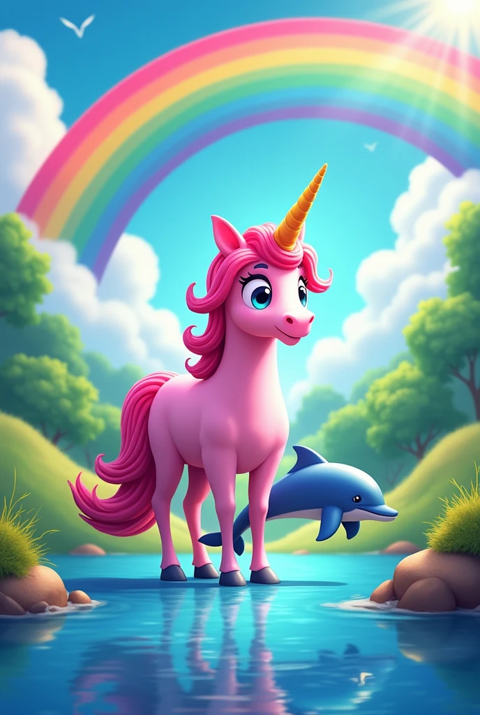 Add a colorful background and a pink unicorn and dolphin and put a rainbow in the background